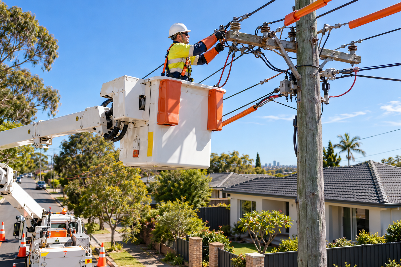Level 2 electrician working on overhead electrical infrastructure